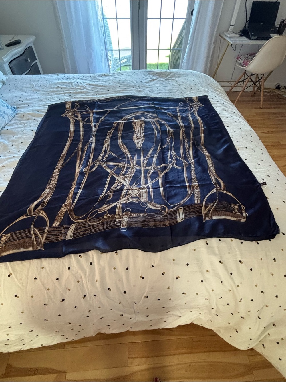 Classic Navy 100% Silk Scarf with Gold Equine Print